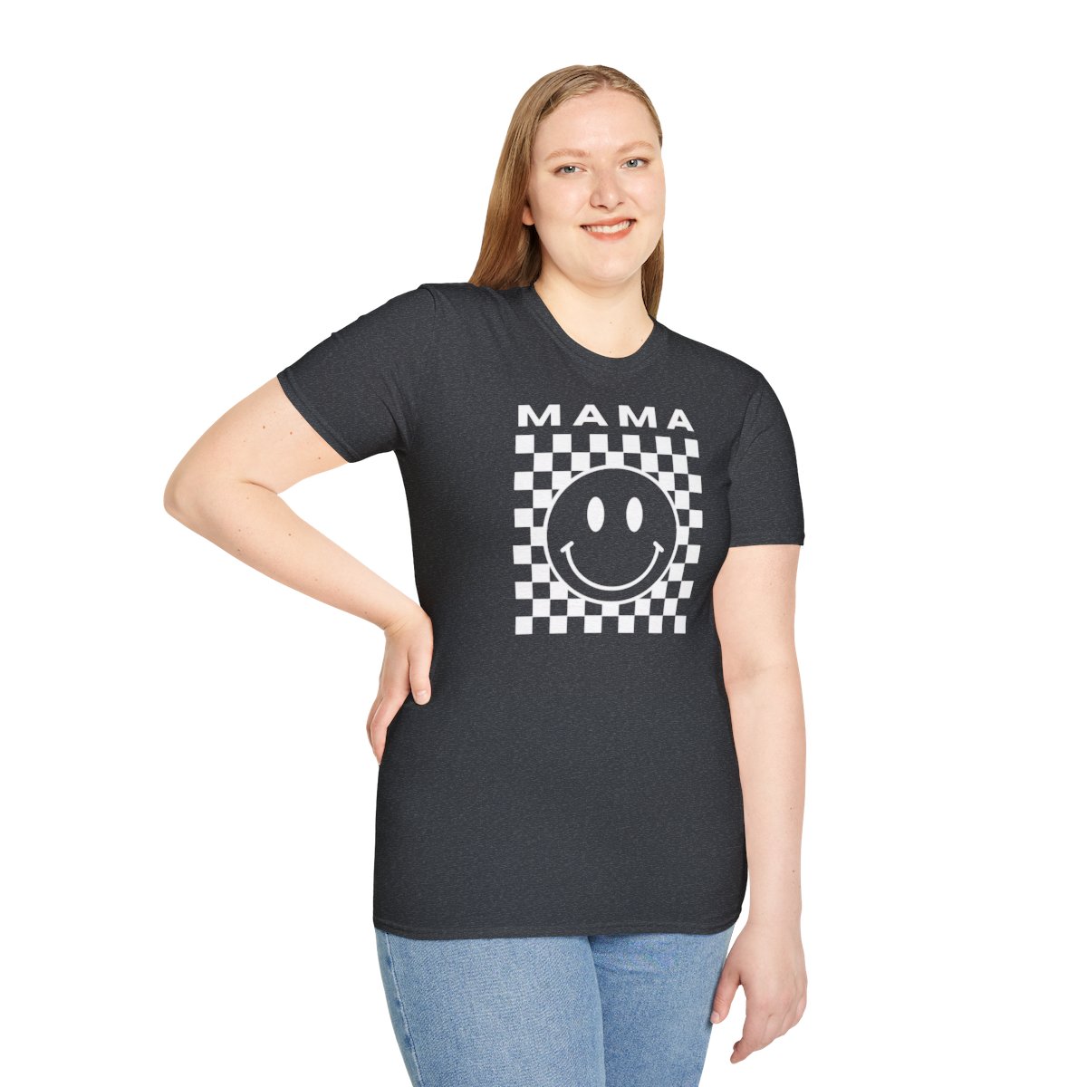Adult MAMA Smiley Face White Design Unisex Softstyle T-Shirt - Image 5